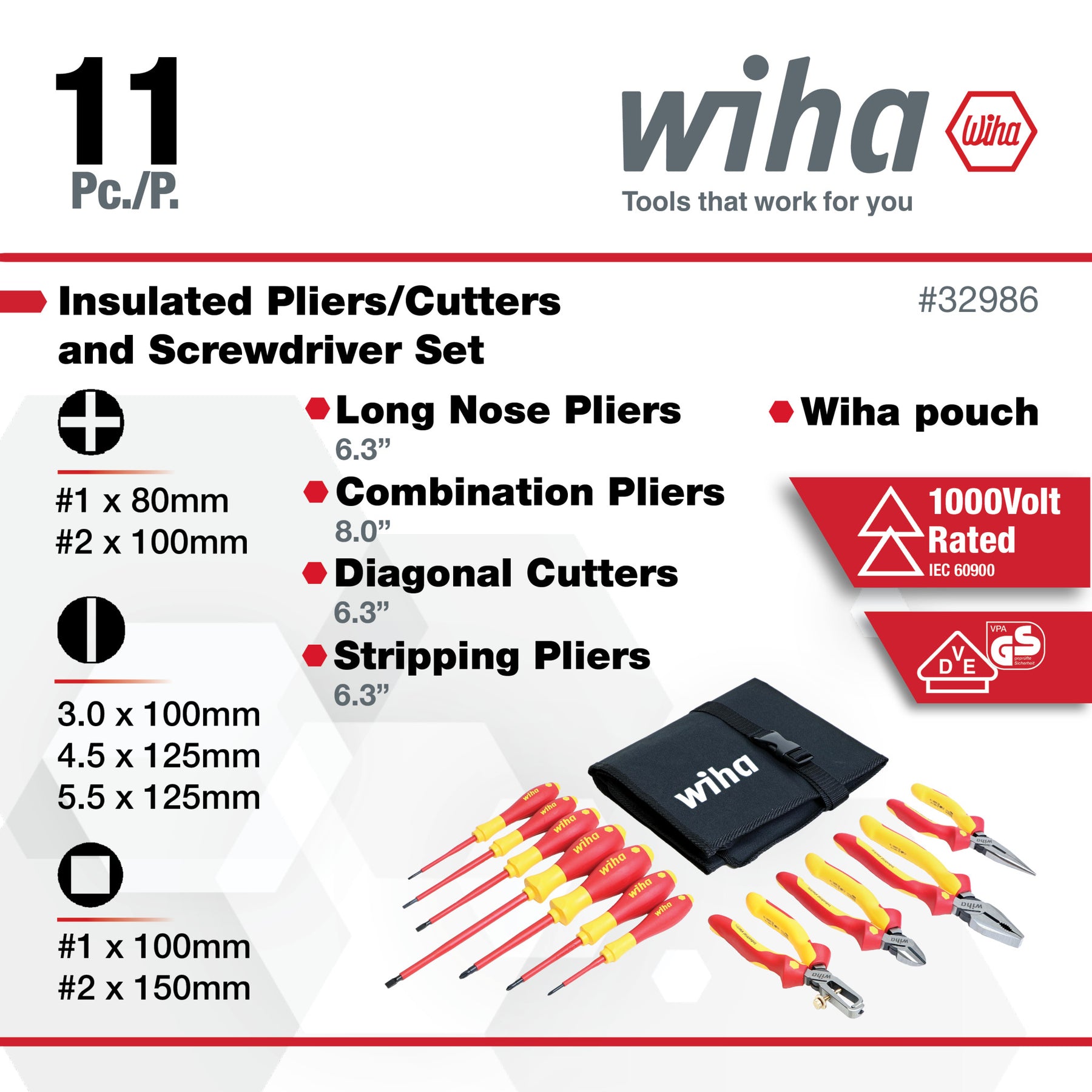 11 Piece Insulated Industrial Pliers and Screwdriver Set