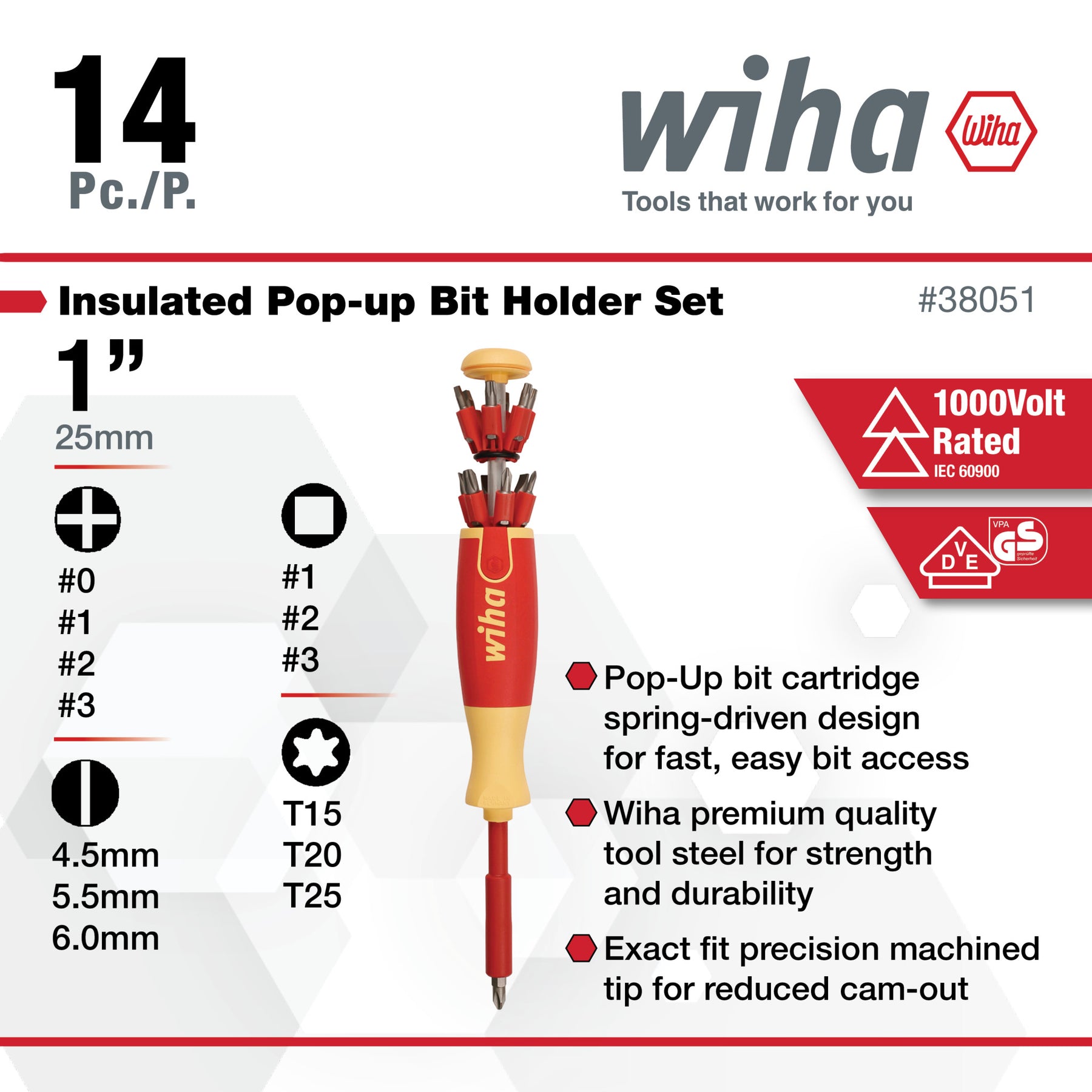 14 Piece Insulated Pop-Up Bit Holder Set - Slotted, Phillips, Square, Torx