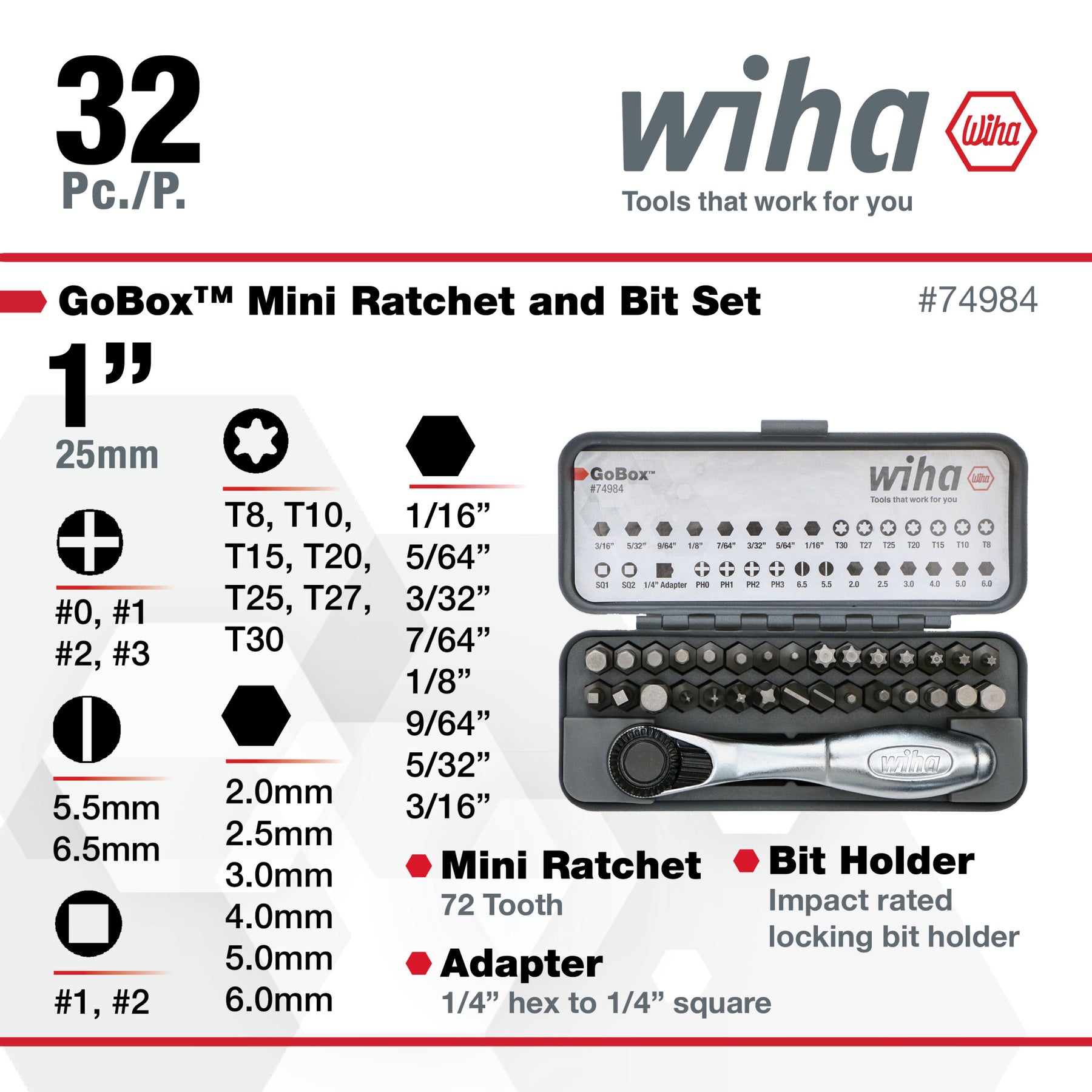 32 Piece GoBox Standard Bit Set with Mini Ratchet