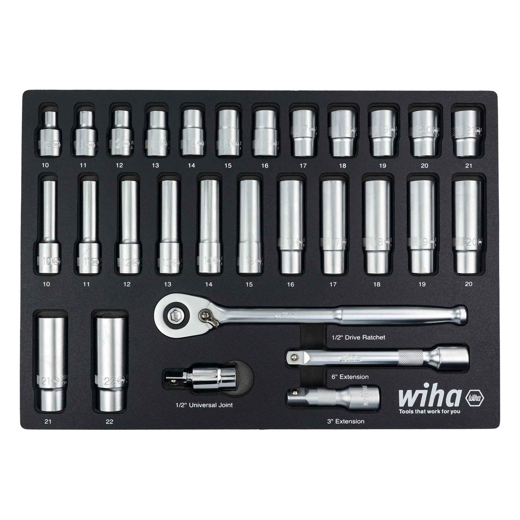 29 Piece 1/2" Drive Professional Standard and Deep Socket Tray Set - Metric