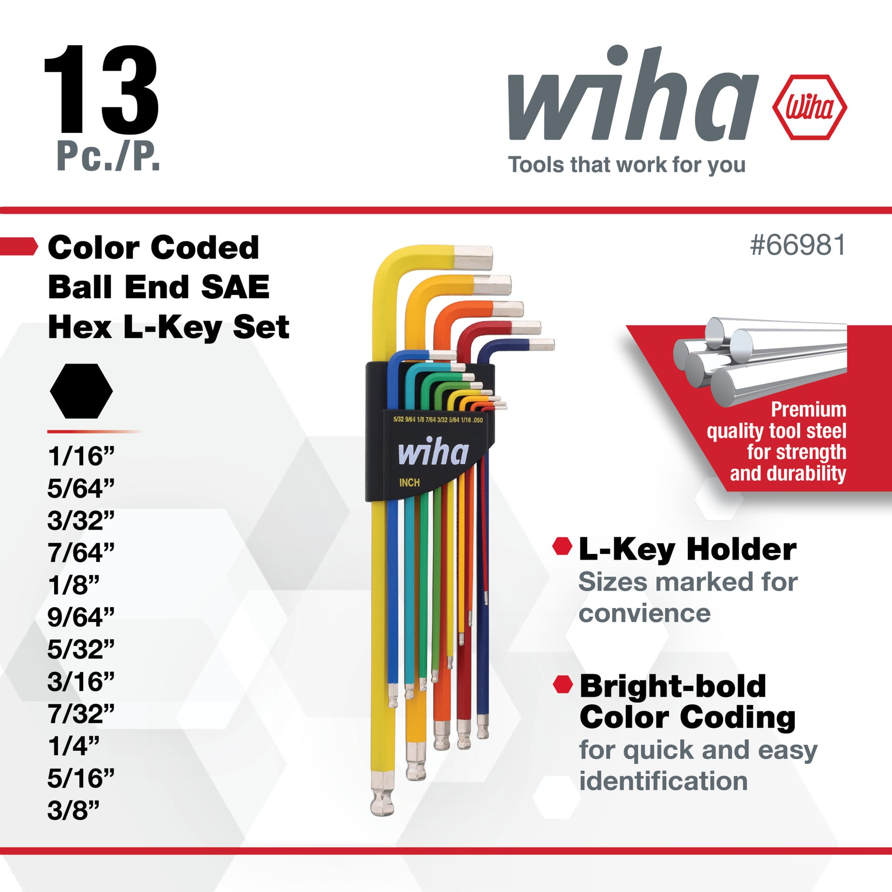 13 Piece Ball End Color Coded Hex L-Key Set - Inch