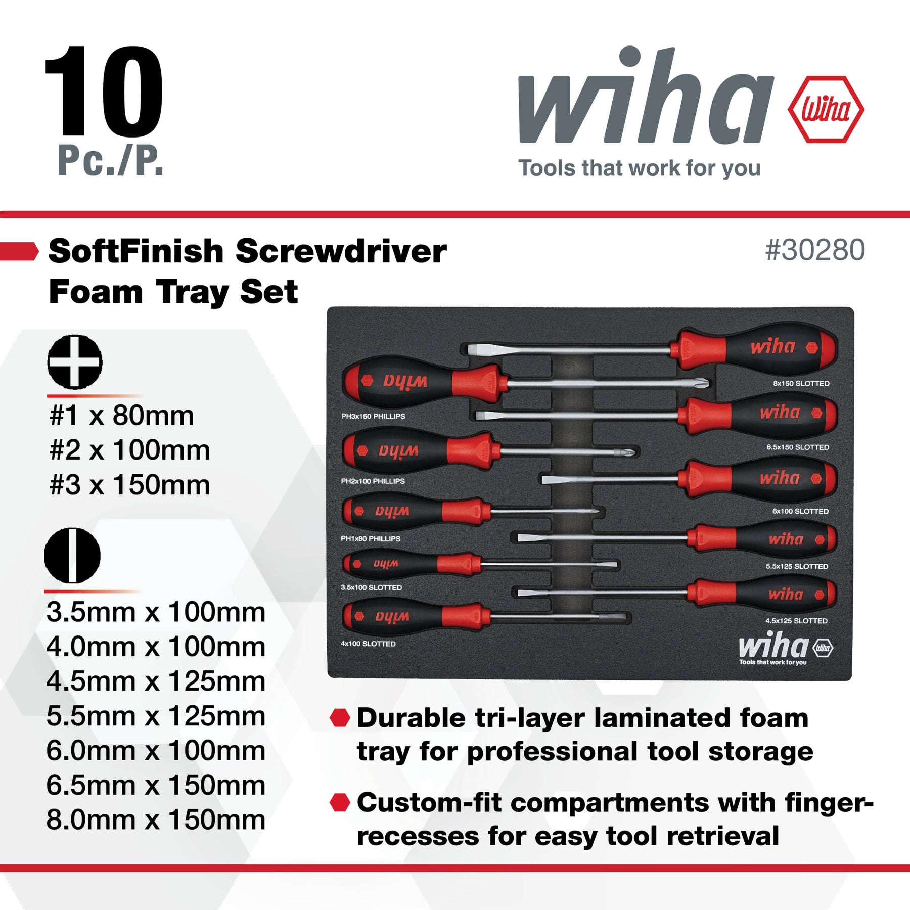 10 Piece SoftFinish Cushion Grip Screwdriver Tray Set