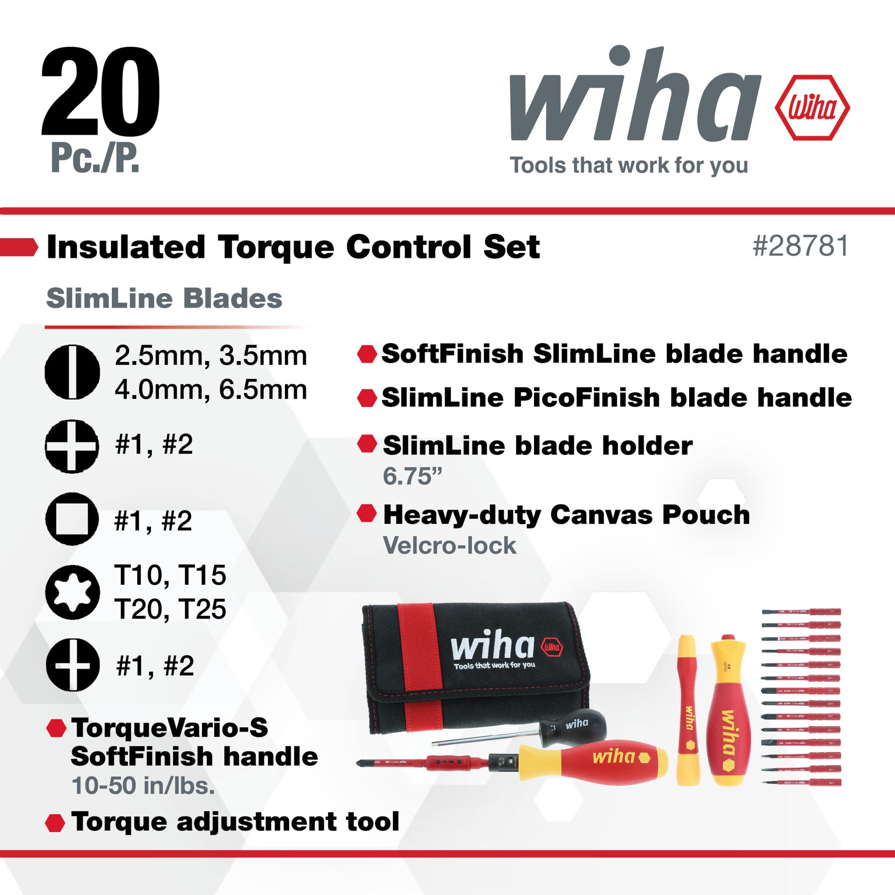 20 Piece Insulated TorqueVario-S (10-50 In/lbs) and SlimLine Blade Set