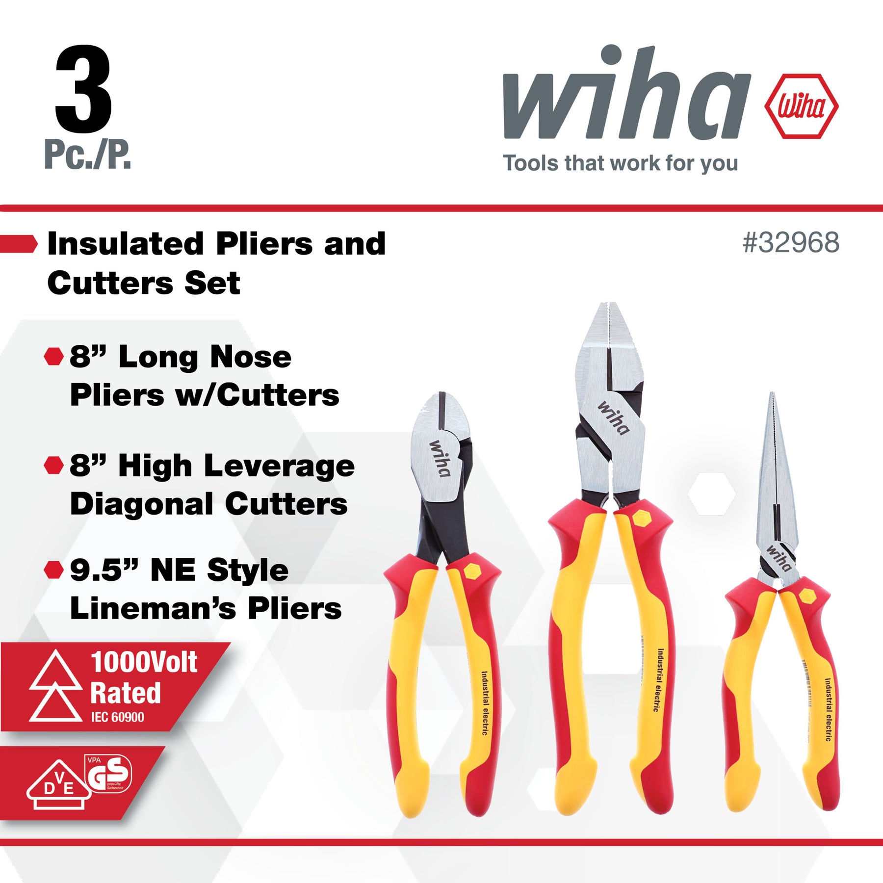 3 Piece Insulated Industrial Grip Pliers and Cutters Set