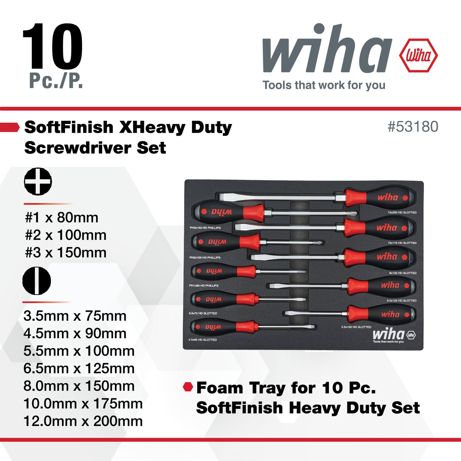 10 Piece SoftFinish XHeavy Duty Cushion Grip Screwdriver Tray Set