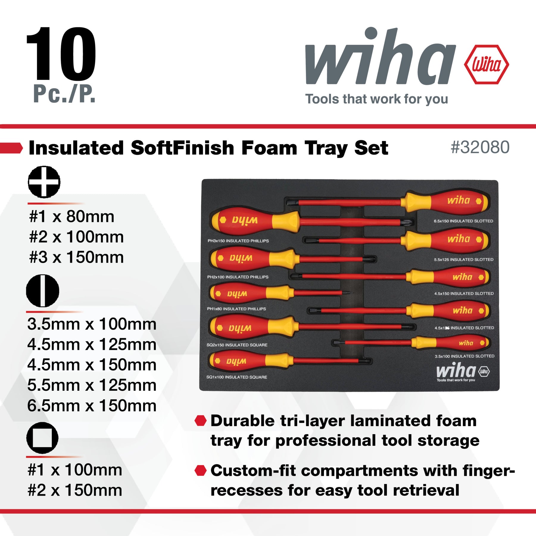 10 Piece Insulated SoftFinish Cushion Grip Screwdriver Tray Set