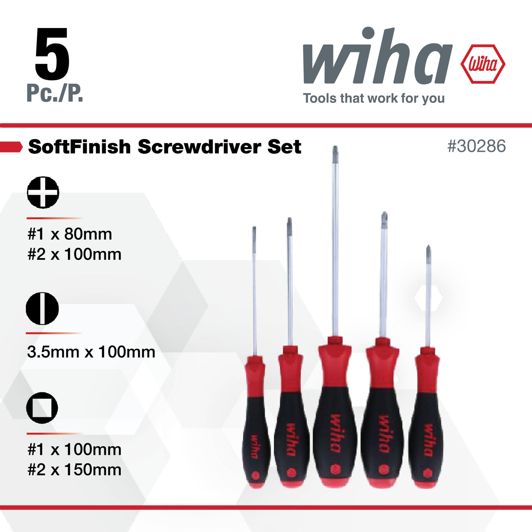 5 Piece SoftFinish Slotted and Phillips and Square Screwdriver Set