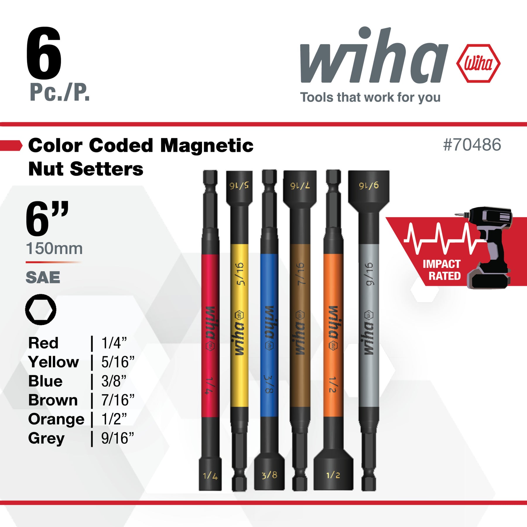 6 Piece Color Coded Magnetic Nut Setter SAE Set