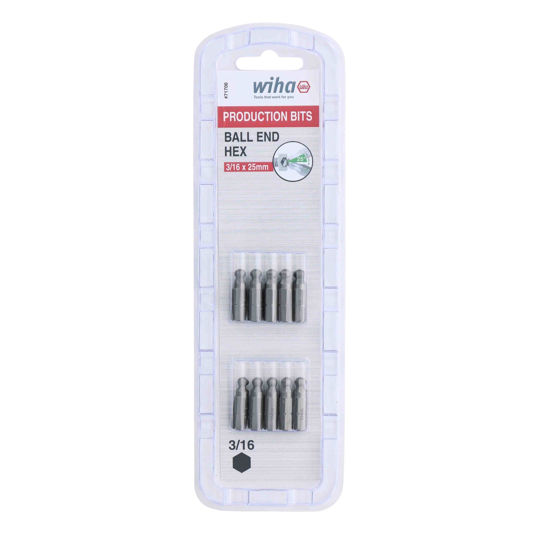 Ball End Hex Bit 3/16 - 25mm - 10 Pack