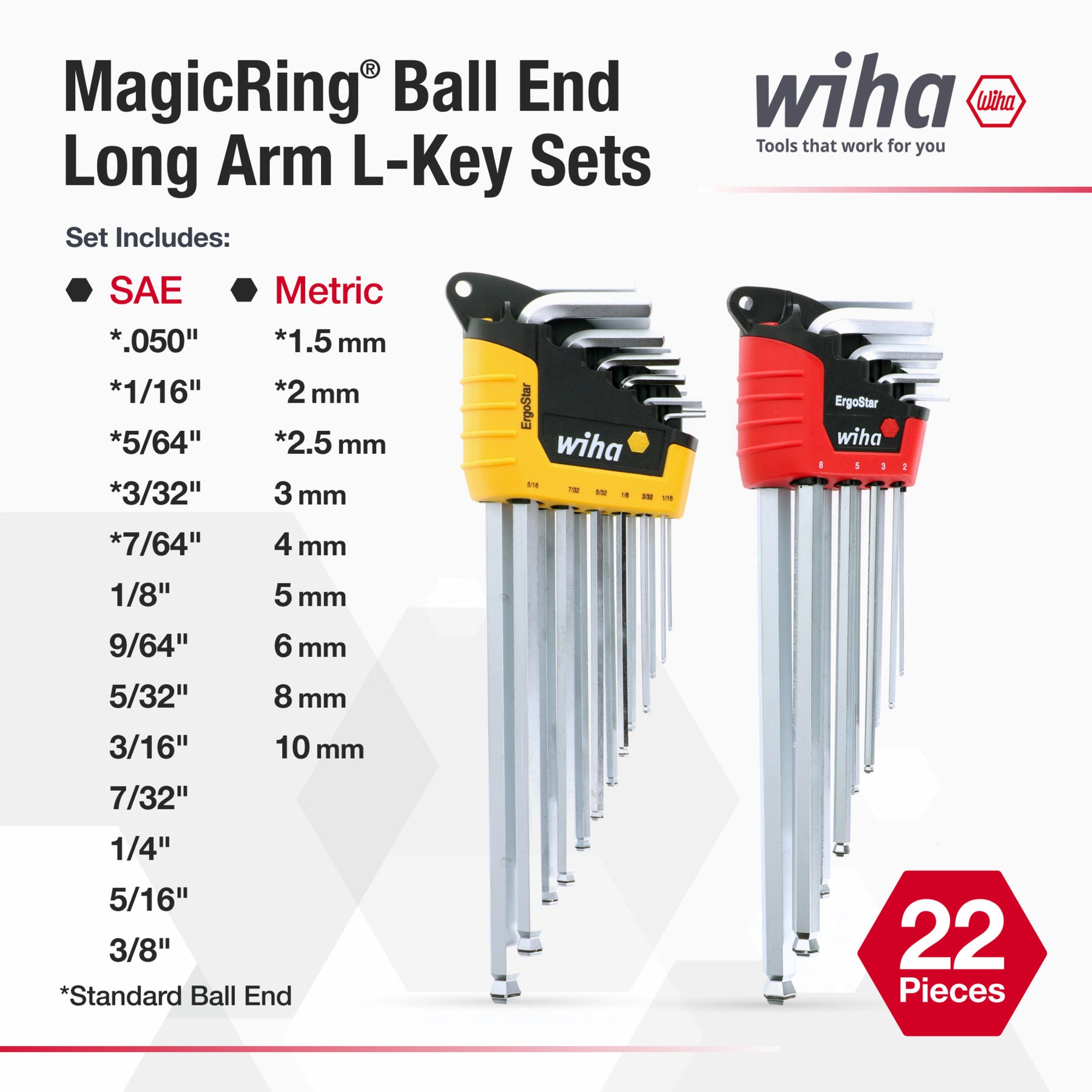 22 Piece MagicRing Ball End Hex L-Key Set - Inch, Metric