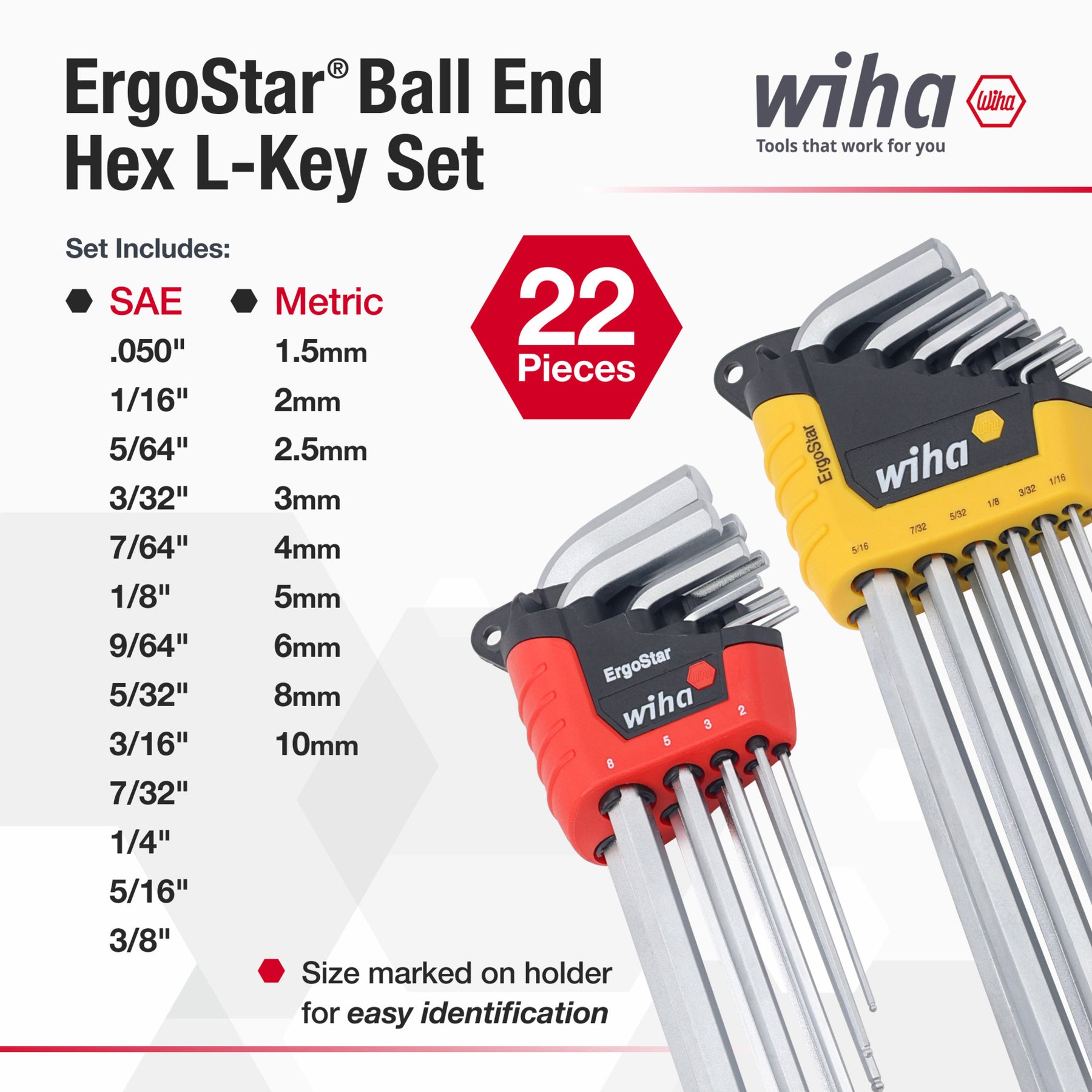 22 Piece ErgoStar Ball End Hex L-Key Set - Inch, Metric