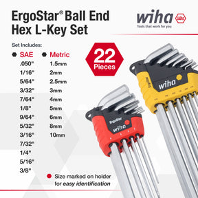 22 Piece ErgoStar Ball End Hex L-Key Set - Inch, Metric
