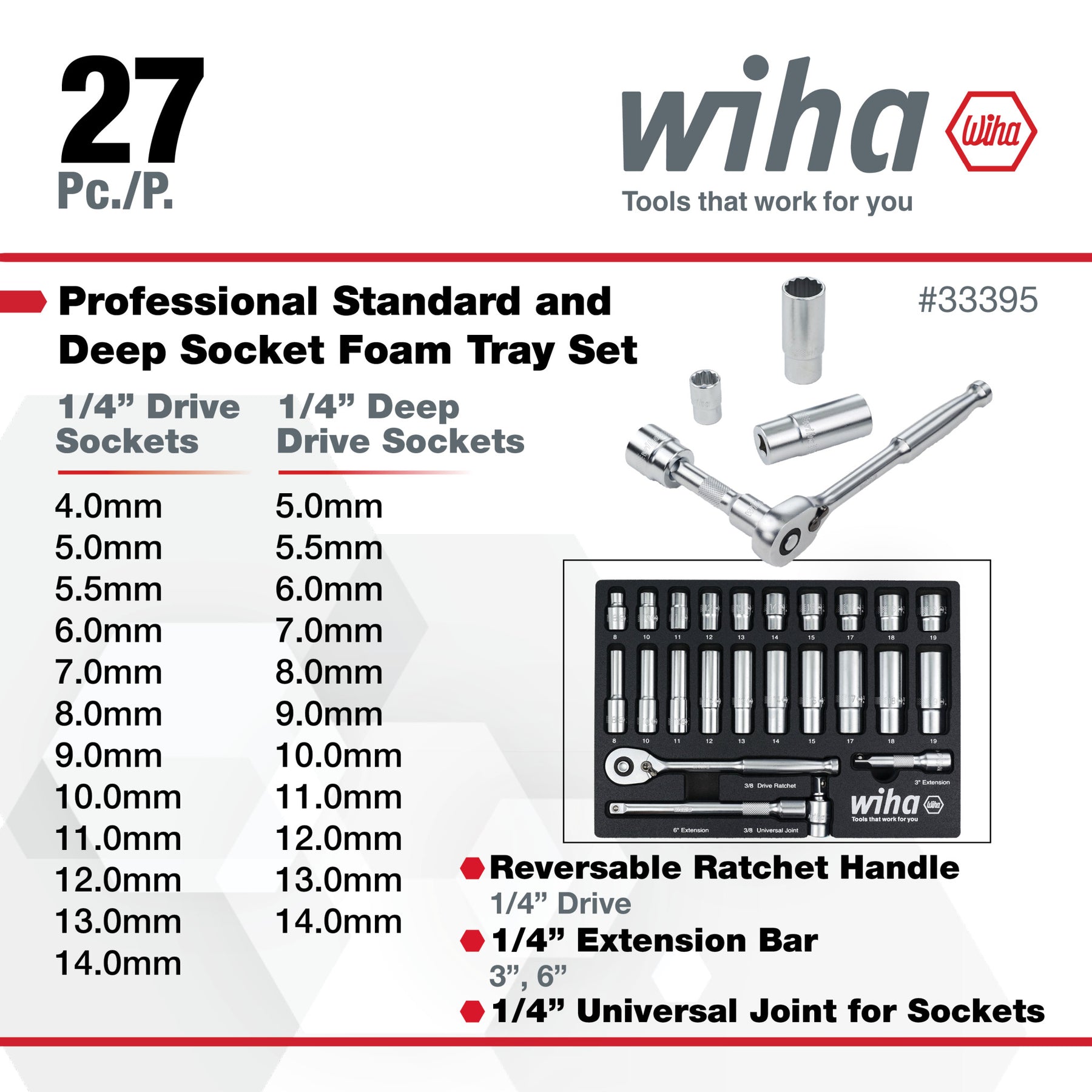 27 Piece 1/4" Drive Professional Standard and Deep Socket Tray Set - Metric