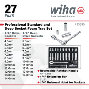 27 Piece 1/4" Drive Professional Standard and Deep Socket Tray Set - Metric