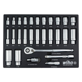 Wiha 33896 28 Piece 1/2" Drive Professional Standard and Deep Socket Tray Set - SAE