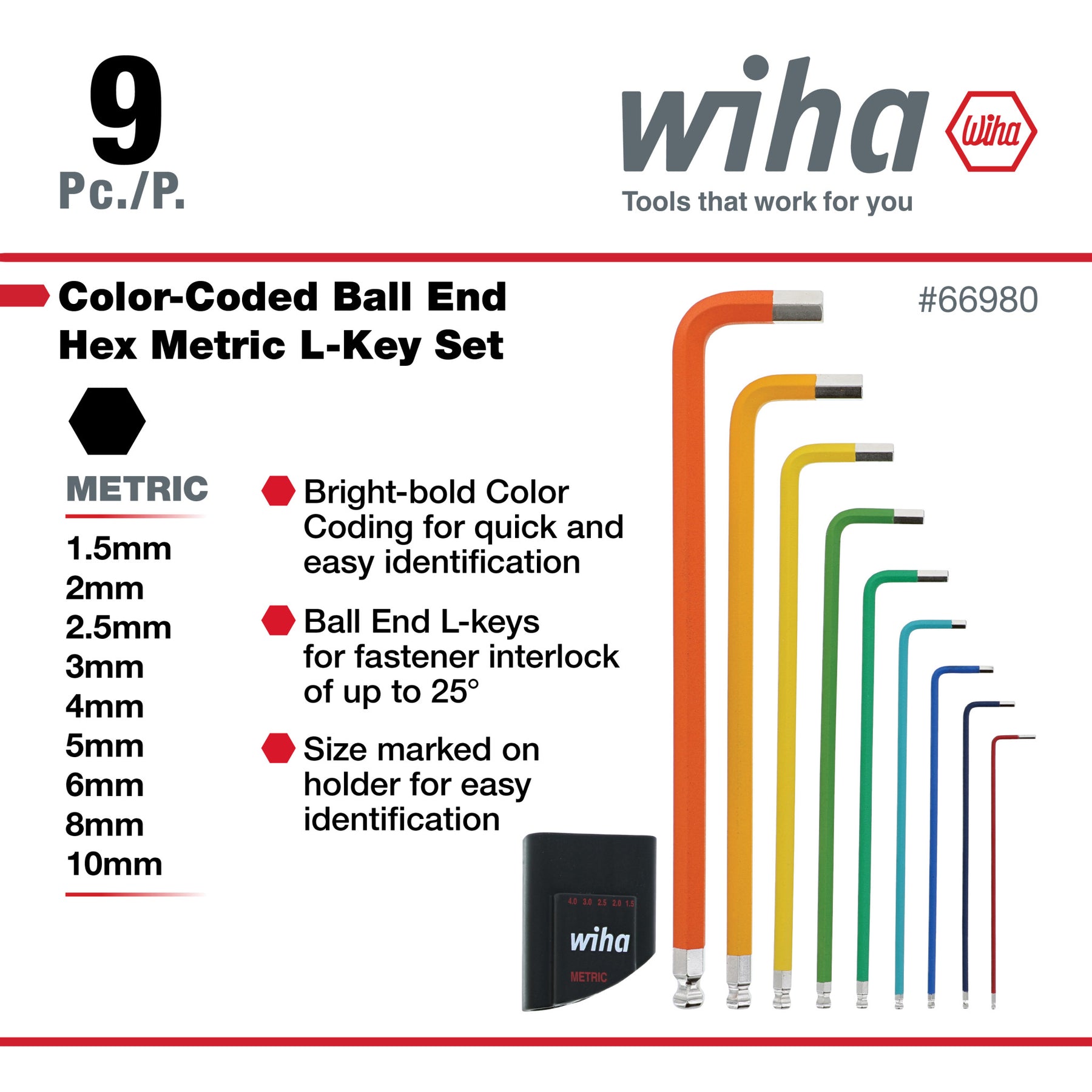 9 Piece Ball End Color Coded Hex L-Key Set - Metric