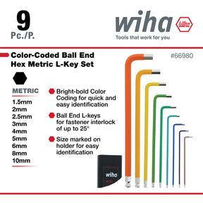 9 Piece Ball End Color Coded Hex L-Key Set - Metric