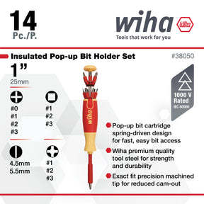 14 Piece Insulated Pop-up Bit Holder Set - Slotted, Phillips, Square, Pozidriv