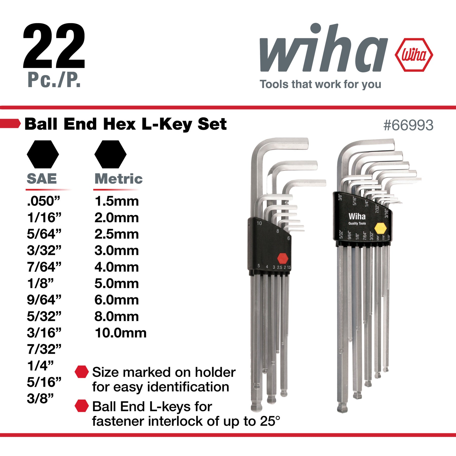 22 Piece Ball End Hex L-Key Set - Inch - Metric
