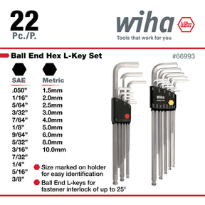 22 Piece Ball End Hex L-Key Set - Inch - Metric