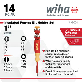 14 Piece Insulated Pop-Up Bit Holder Set - Slotted, Phillips, Square, Torx