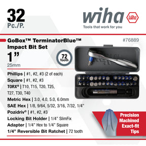 32 Piece GoBox TerminatorBlue Impact Bit Set with Mini Ratchet