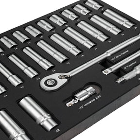 29 Piece 1/2" Drive Professional Standard and Deep Socket Tray Set - Metric