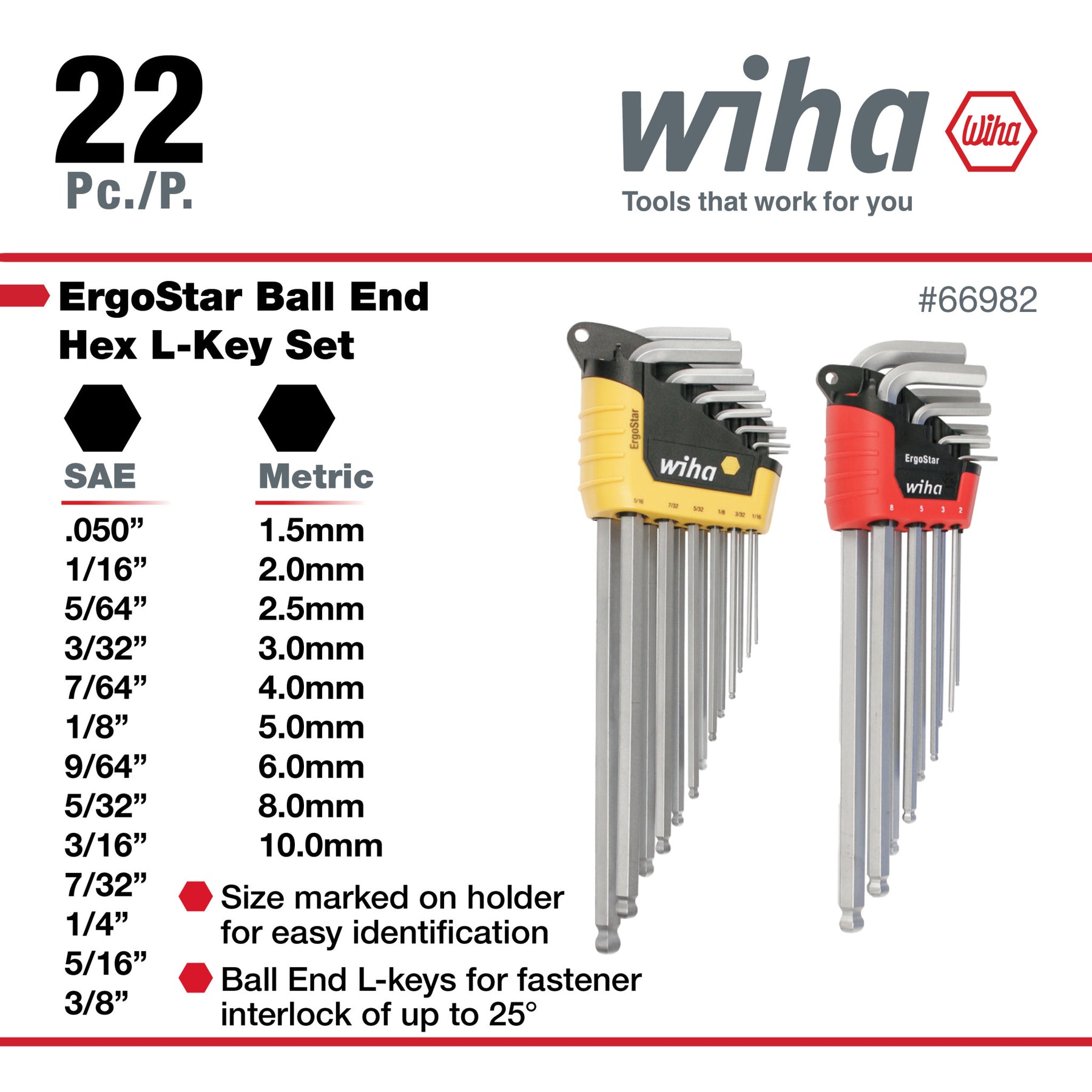 22 Piece ErgoStar Ball End Hex L-Key Set - Inch, Metric