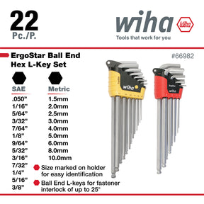 22 Piece ErgoStar Ball End Hex L-Key Set - Inch, Metric