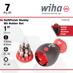 7 Piece SoftFinish Stubby Bit Holder Set - Slotted, Phillips, Square