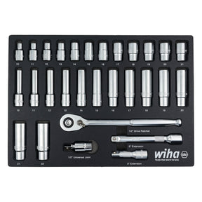 29 Piece 1/2" Drive Professional Standard and Deep Socket Tray Set - Metric