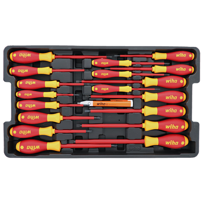 19 Piece Insulated SoftFinish Screwdriver and Cat III Voltage Detector Set with Toolbox Tray