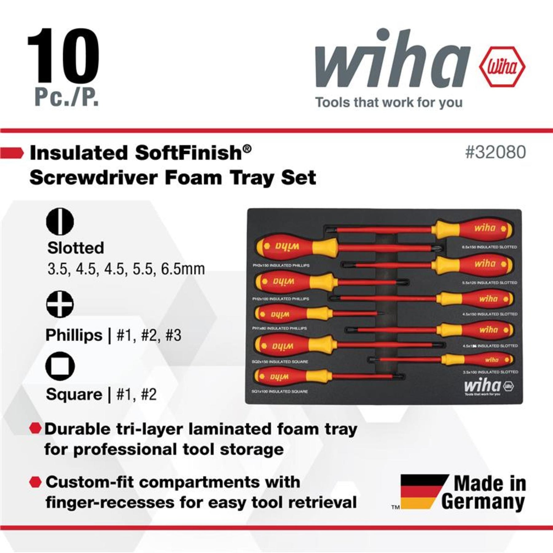 10 Piece Insulated SoftFinish Cushion Grip Screwdriver Tray Set