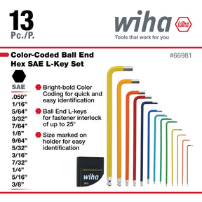 13 Piece Ball End Color Coded Hex L-Key Set - Inch