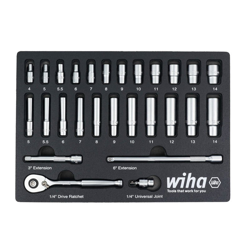 27 Piece 1/4" Drive Professional Standard and Deep Socket Tray Set - Metric