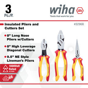 3 Piece Insulated Industrial Grip Pliers and Cutters Set