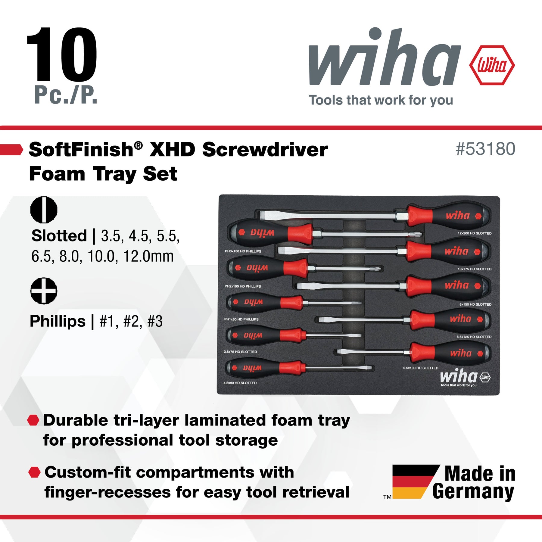 10 Piece SoftFinish XHeavy Duty Cushion Grip Screwdriver Tray Set