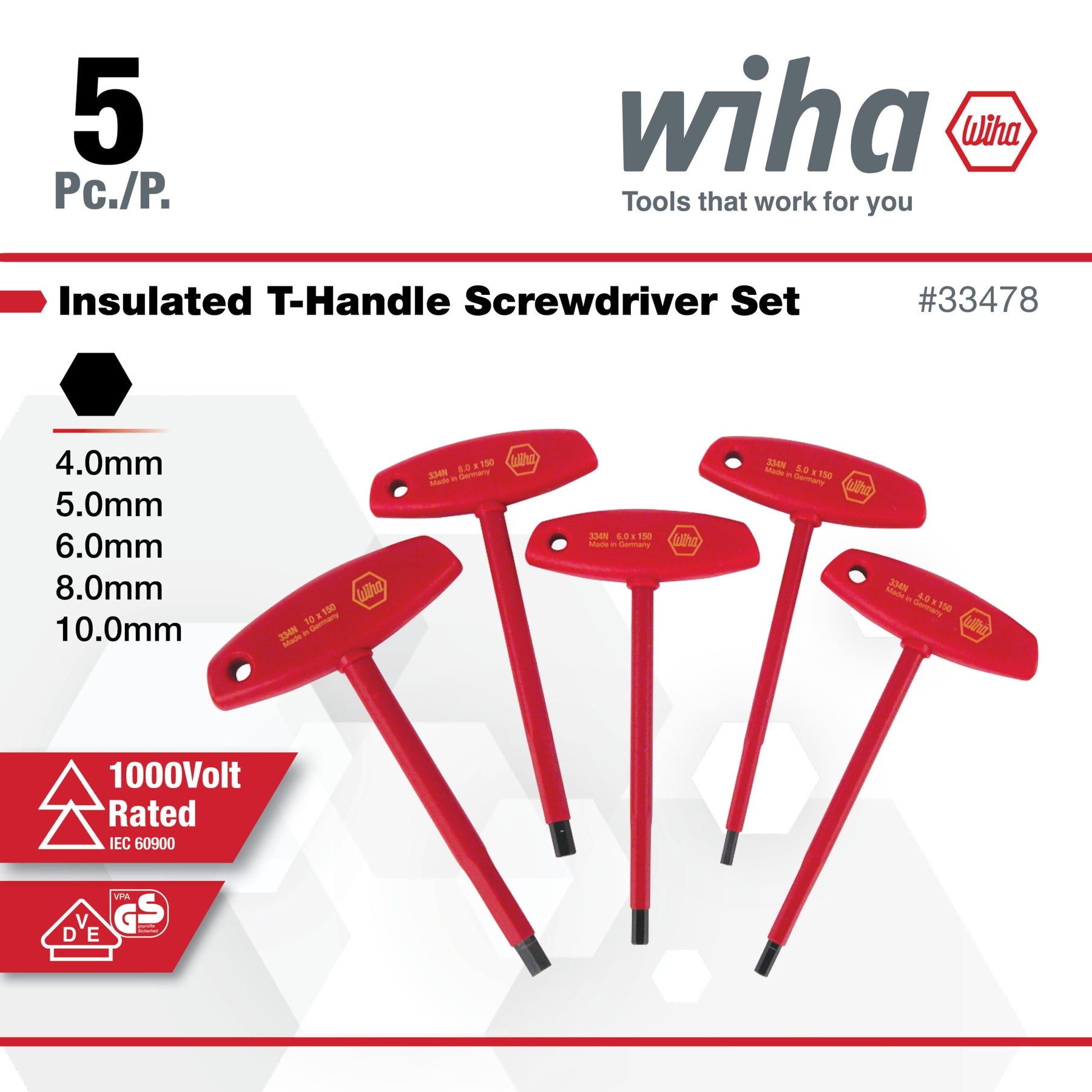 5 Piece Insulated T-Handle Hex Screwdriver Set - Metric