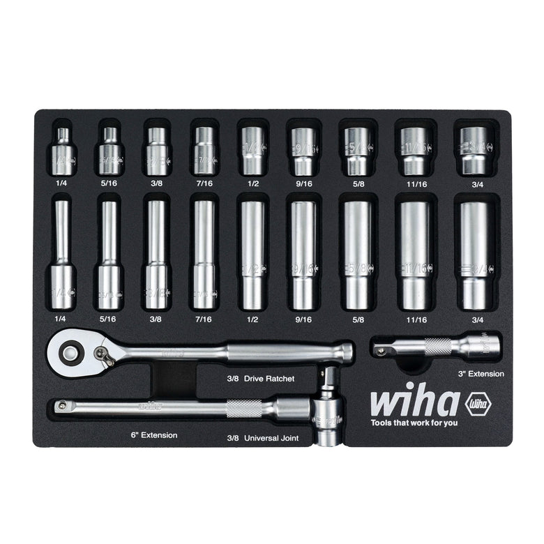 22 Piece 3/8" Drive Professional Standard and Deep Socket Tray Set - SAE