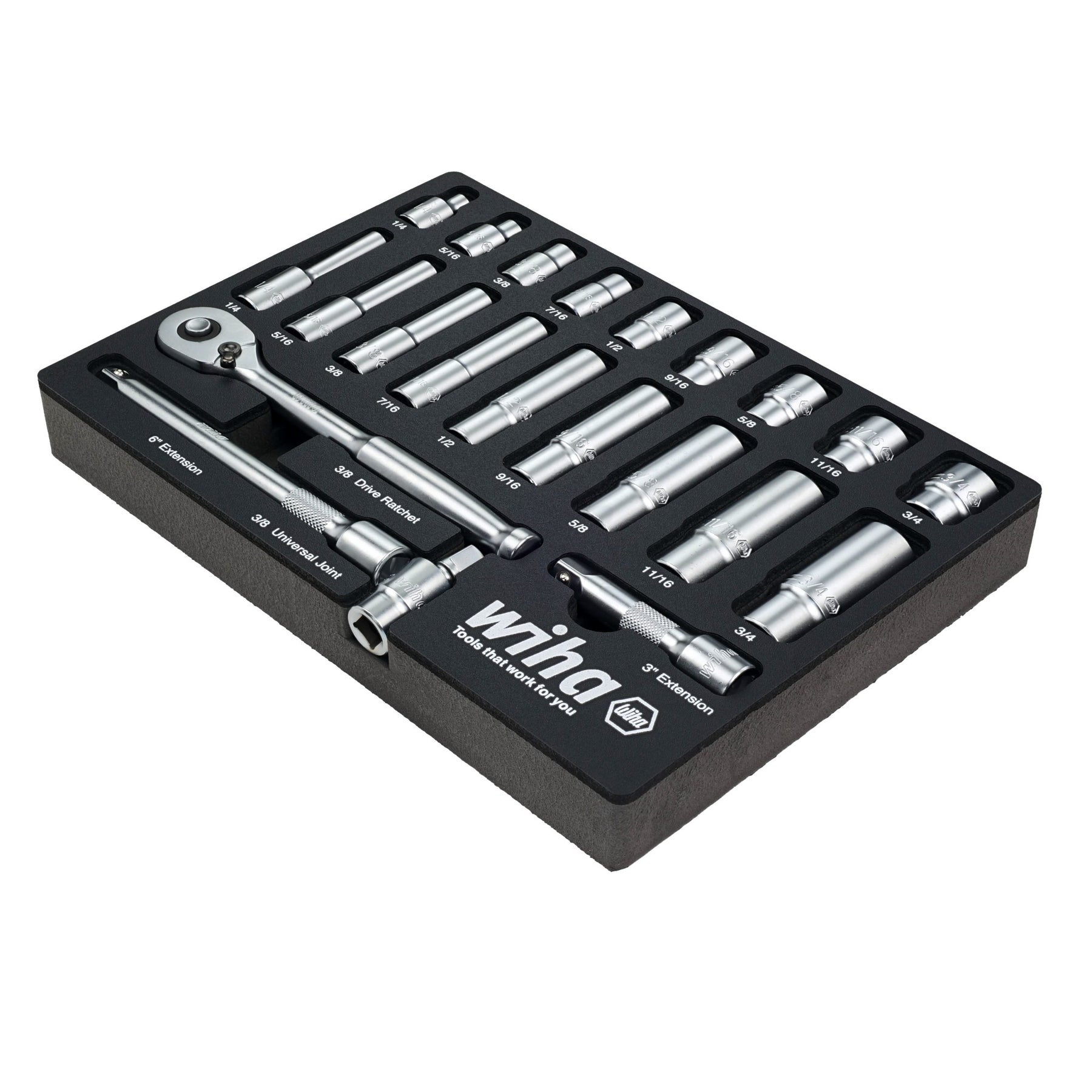 22 Piece 3/8" Drive Professional Standard and Deep Socket Tray Set - SAE