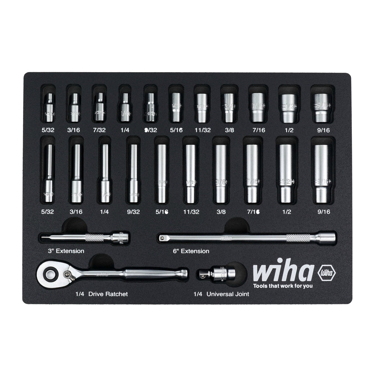 Wiha 33396 25 Piece 1/4" Drive Professional Standard and Deep Socket Tray Set - SAE