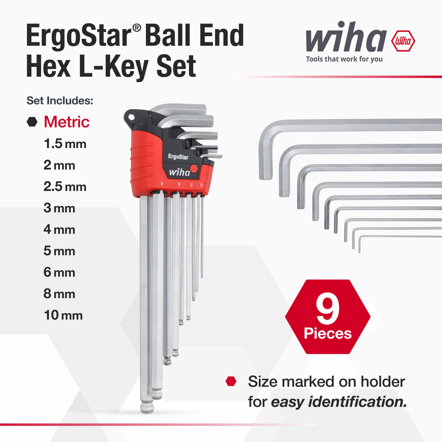 9 Piece ErgoStar Ball End Hex L-Key Set - Metric