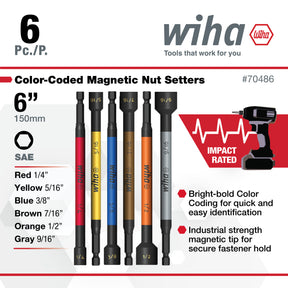 6 Piece Color Coded Magnetic Nut Setter SAE Set