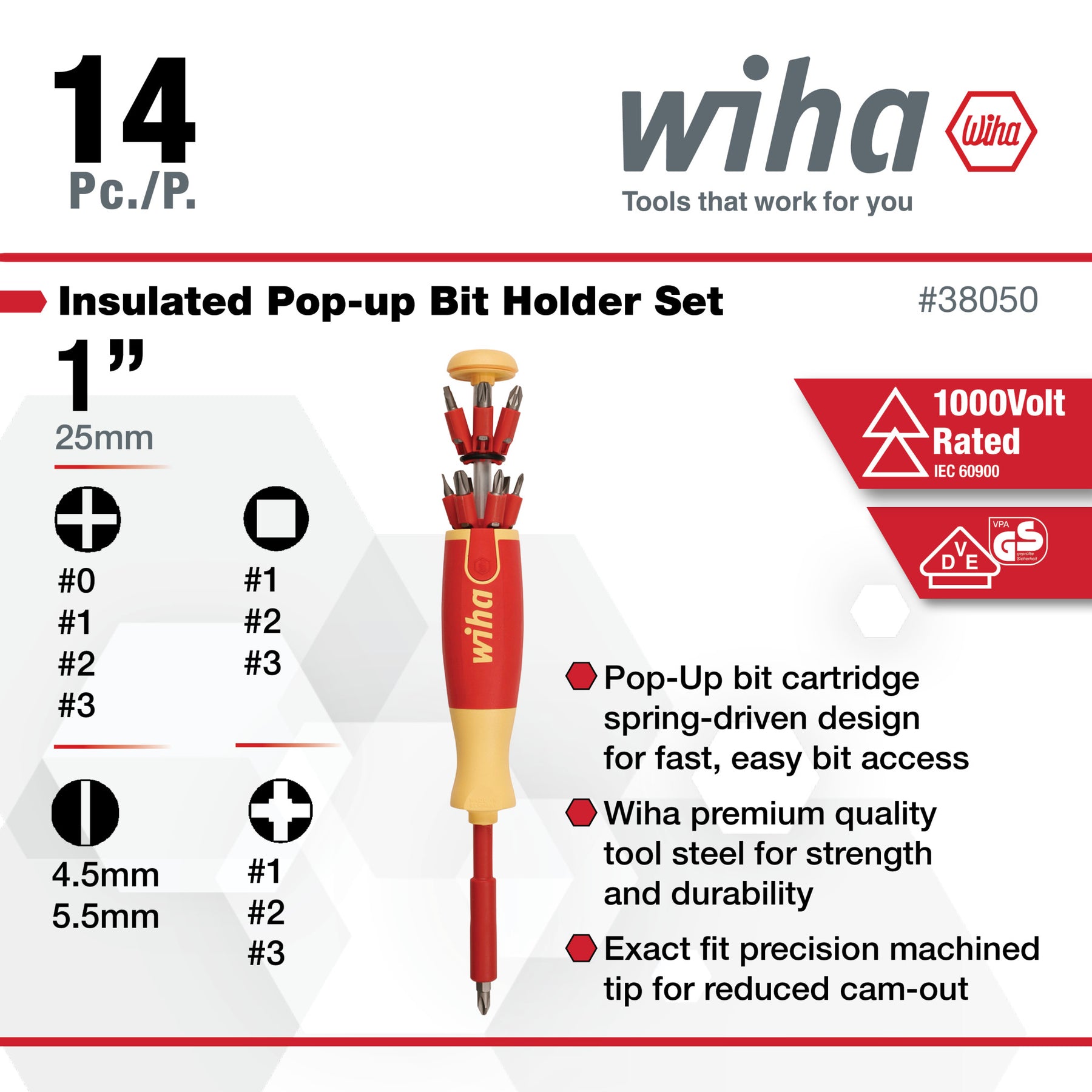 14 Piece Insulated Pop-up Bit Holder Set - Slotted, Phillips, Square, Pozidriv