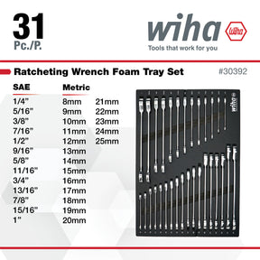 31 Piece Ratcheting Wrench Tray Set - SAE and Metric