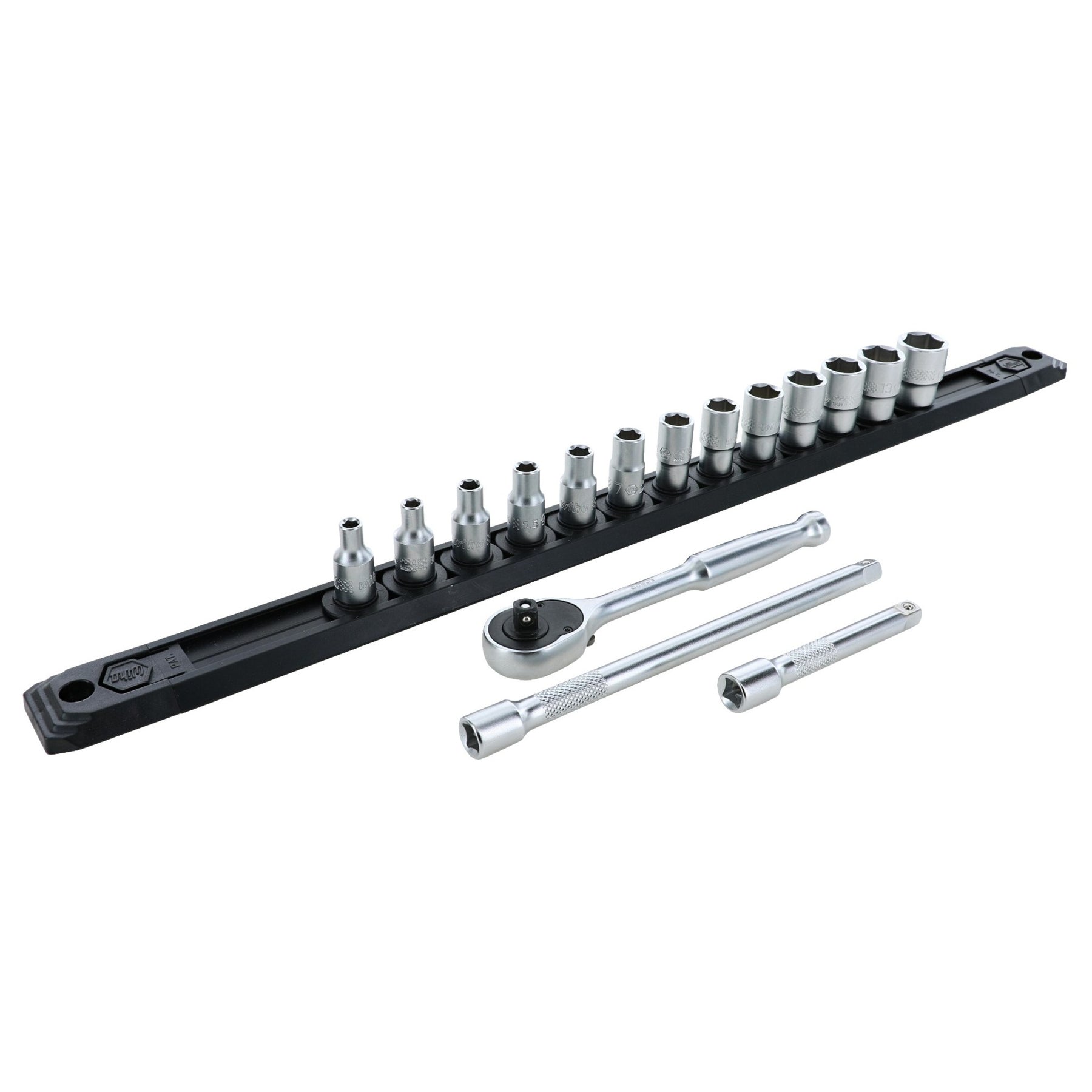16 Piece Professional Socket and Ratchet Set with 3 and 6 Inch Extension Bars - Metric