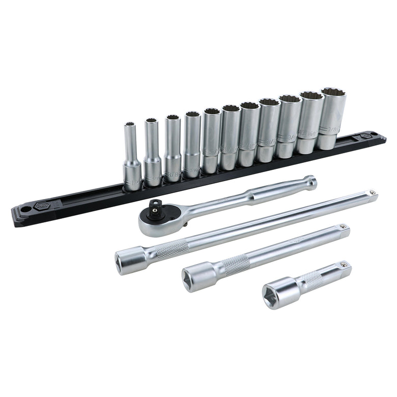 15 Piece Professional Deep Socket Set - 12 Point - 3/8" Drive - SAE