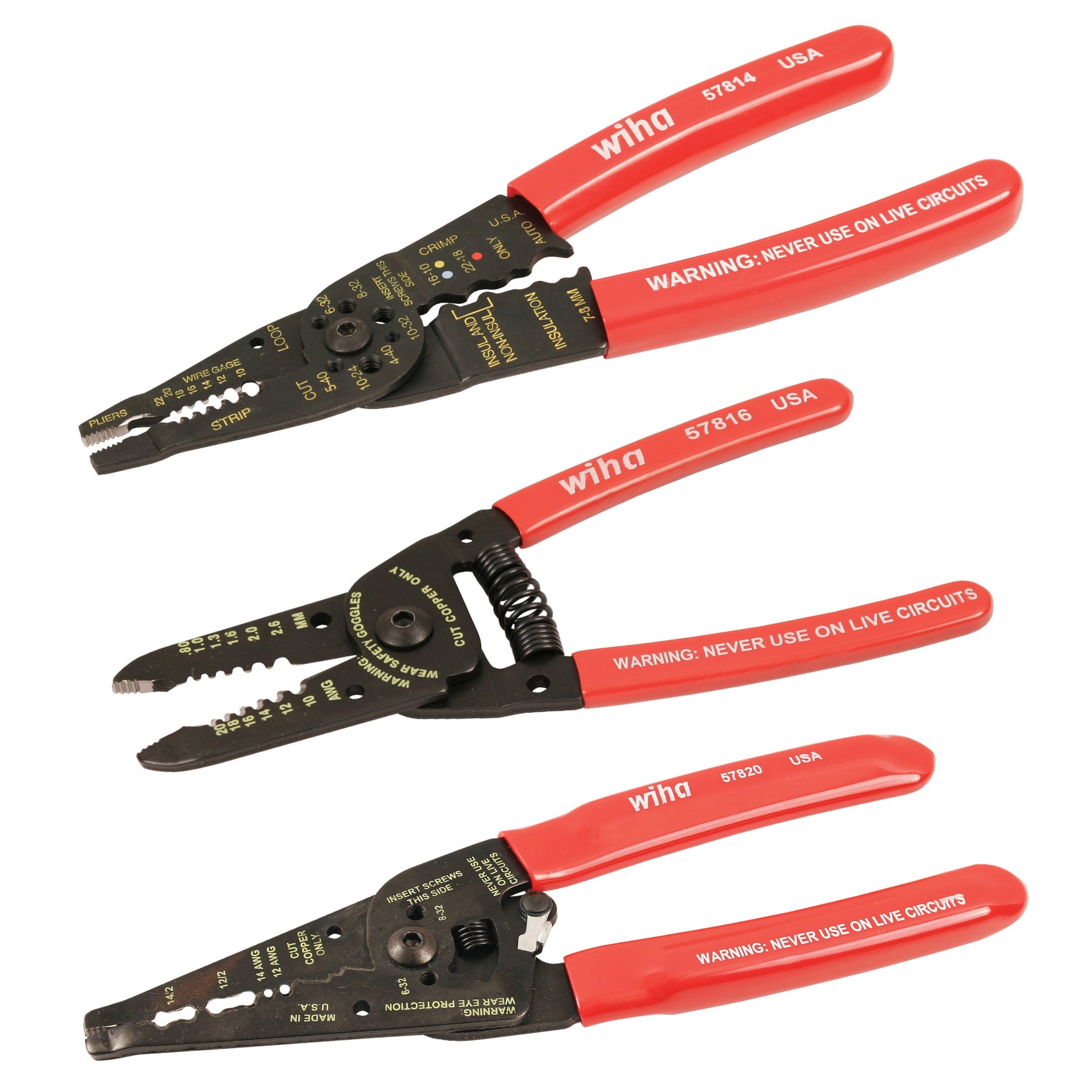 Wiha 57830 3 Piece Classic Grip Wire Strippers and Pliers Set
