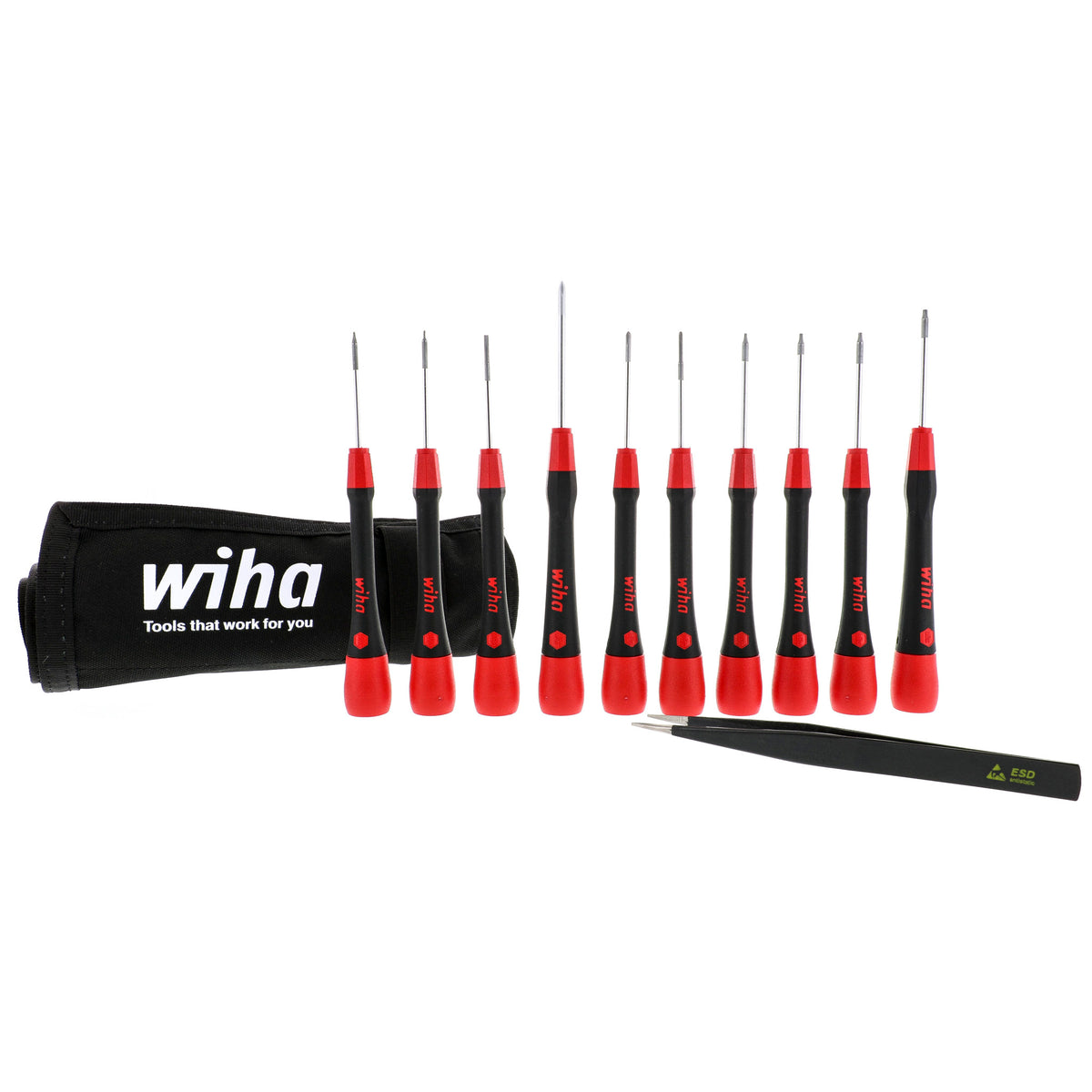 Wiha 26198 11 Piece PicoFinish Precision Screwdriver and Tweezers Smartphone Technician Set with Roll Pouch