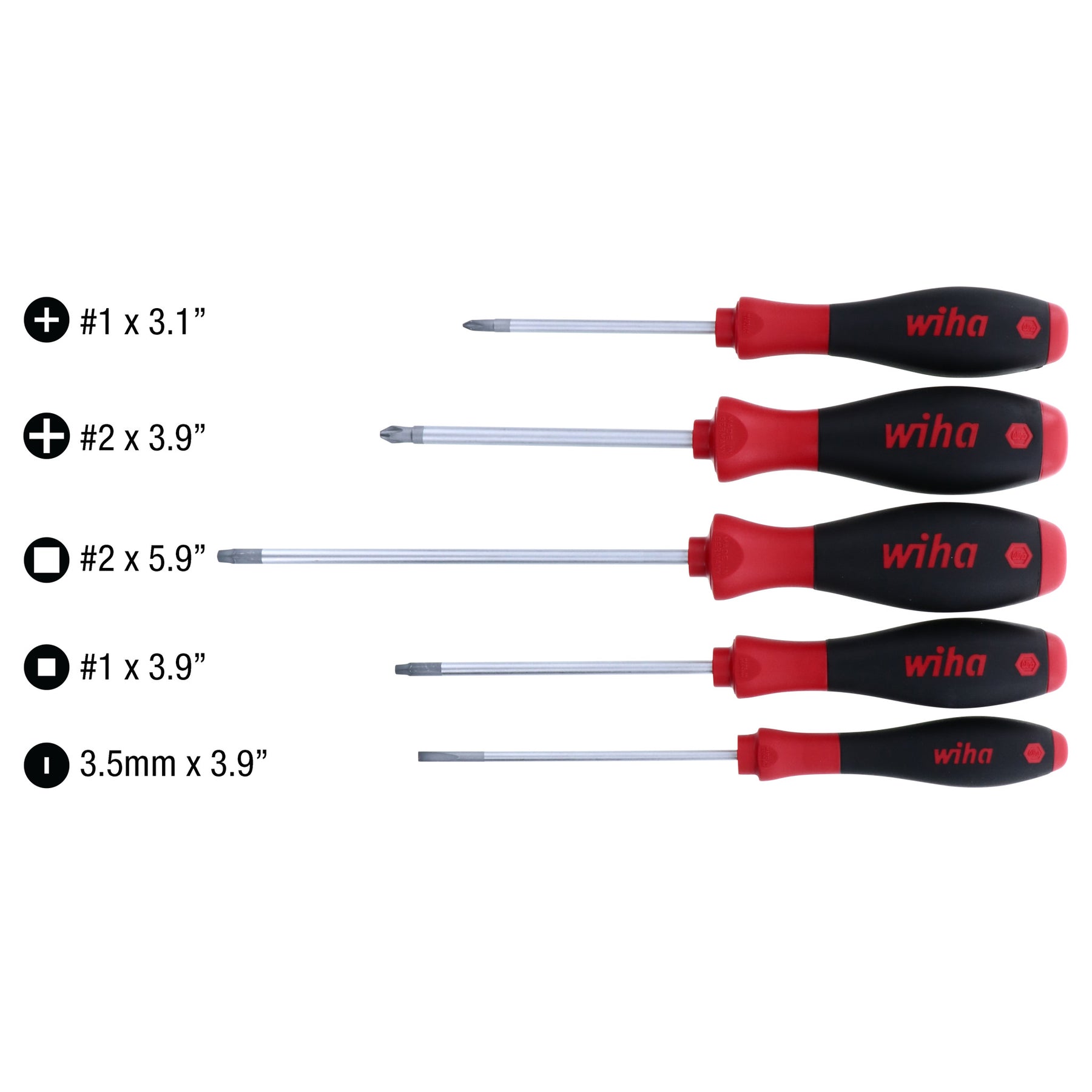 Wiha 30286 5 Piece SoftFinish Slotted and Phillips and Square Screwdriver Set
